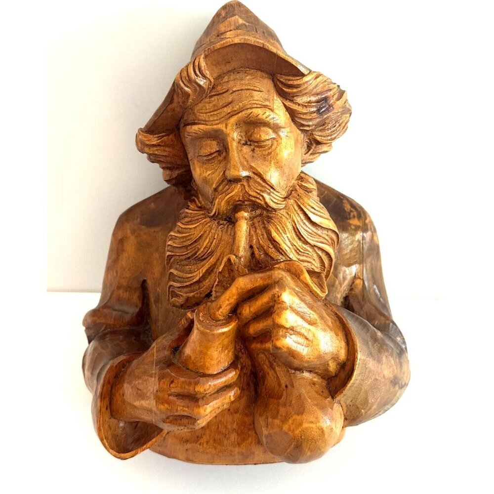 Wood Hand Carved Folk Art Bust of Old Man with Hat & beard lighting a Pipe
